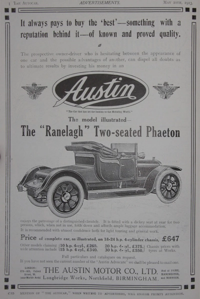 1913 Austin 20HP Ranelaugh Advert