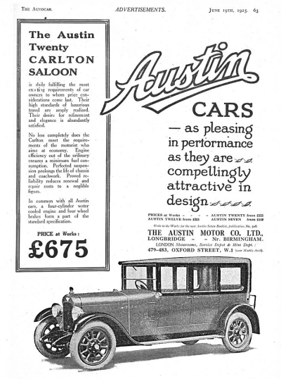 1925 Austin 20 Carlton Saloon Advert