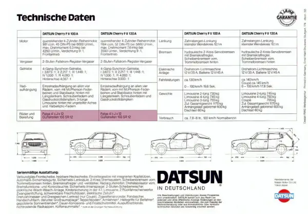 Click to enlarge 1976 Datsun Cherry 100a FII and 120a FII Specifications