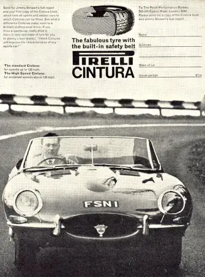 Click to enlarge Early PIRELLI Cintura Jaguar E-Type Advert
