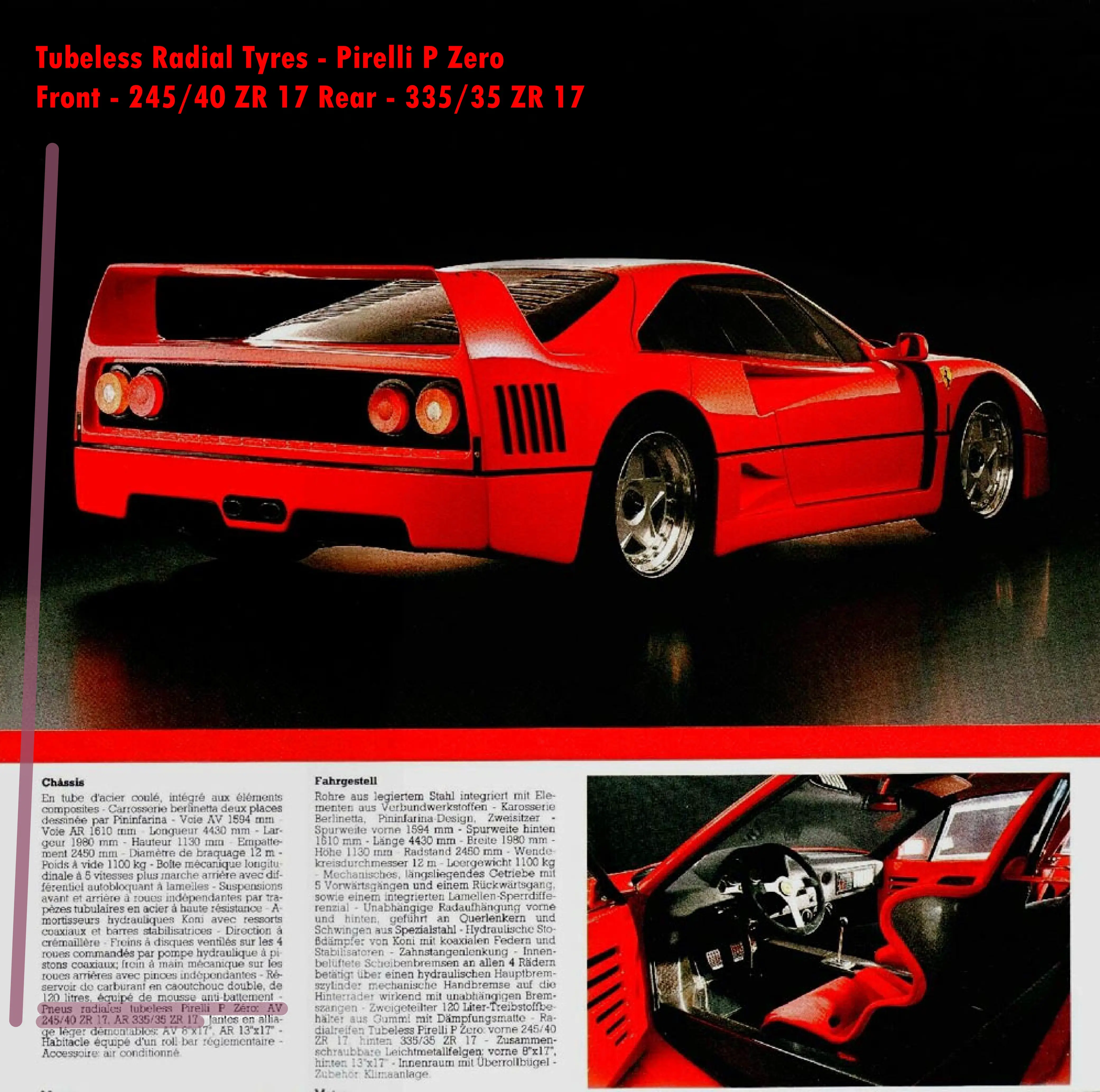 A 1987 Ferrari F40 on 245/40R17 Pirelli P-Zero Asimmetrico Front Tyres and 335/35 ZR 17 Pirelli P-Zero Asimmetrico Rear Tyres